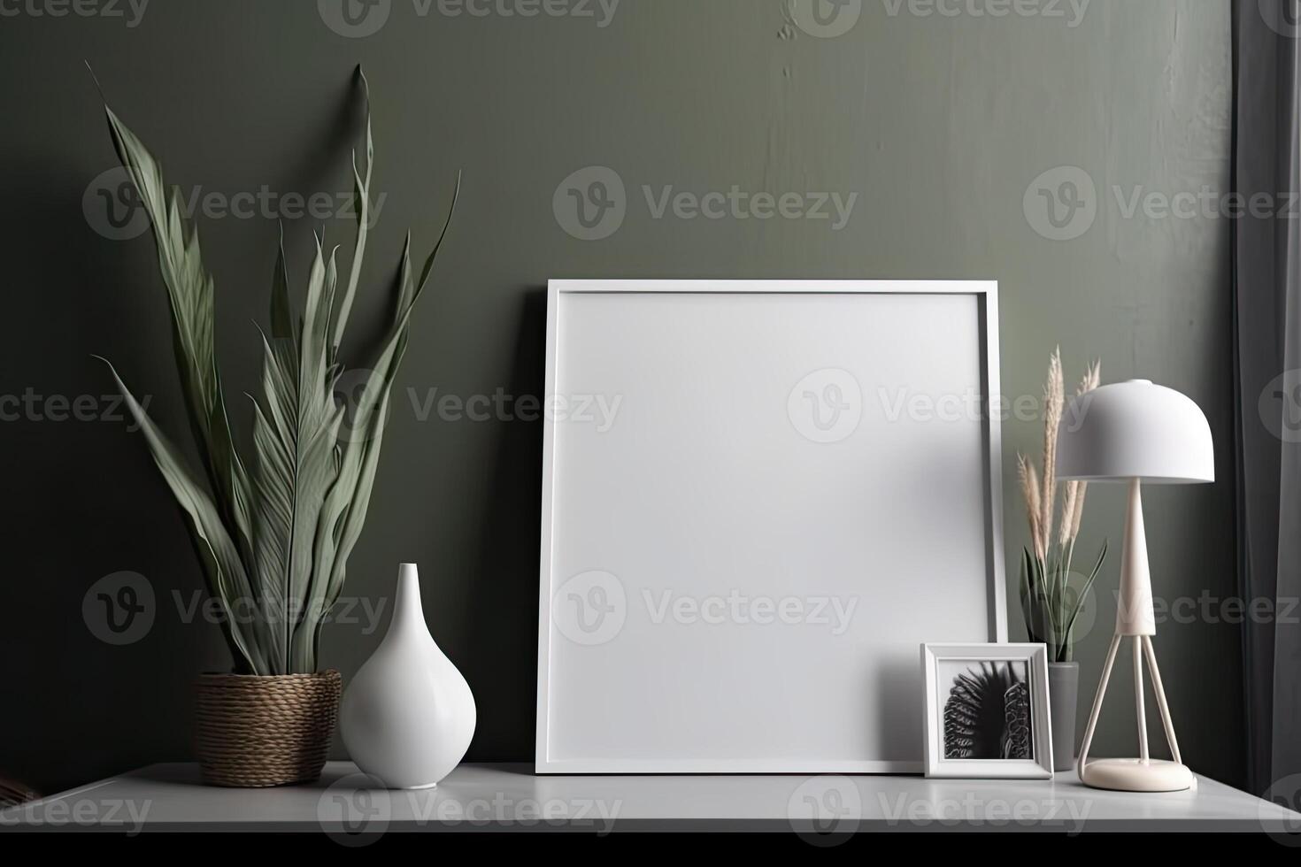 Modern home interior with design wooden commode, mock up poster map, feather in vase, accessories in stylish home decor Template. photo