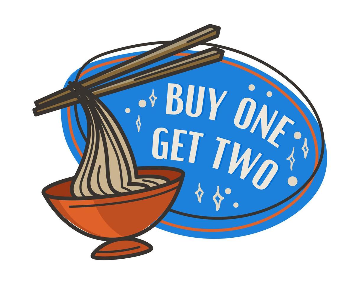 Buy one get two, asian noodles, oriental cuisine vector