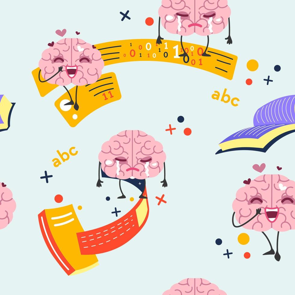 Brain character crying and lovable personages vector