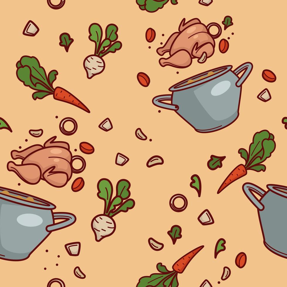 Cooking meal seamless pattern, chicken and veggies vector