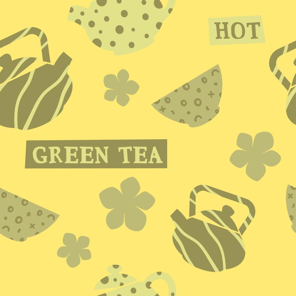 Green tea beverage, tasty drink seamless print vector