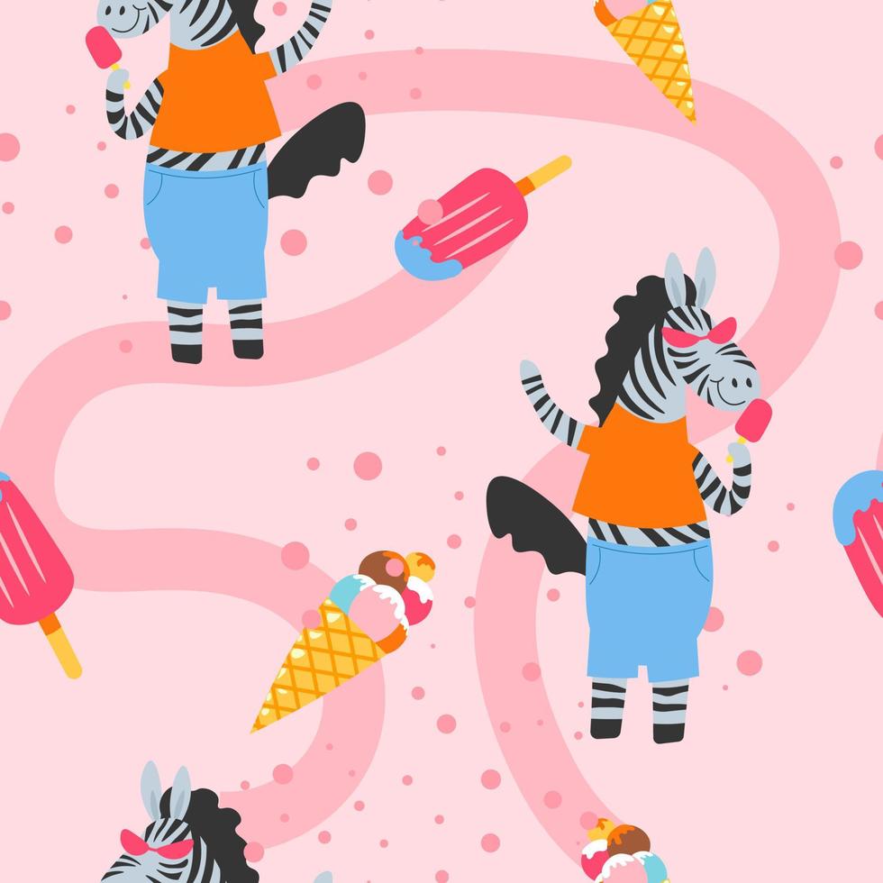 Vibrant zebra with ice cream dessert, vectors