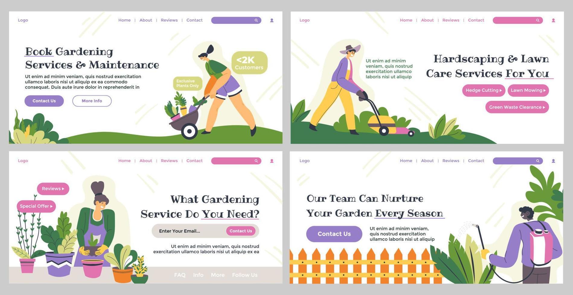 Web page set for gardening service advertising vector