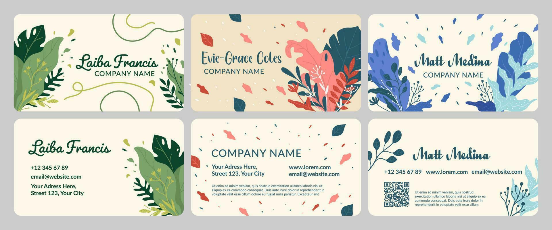 Business card design set with natural decoration vector