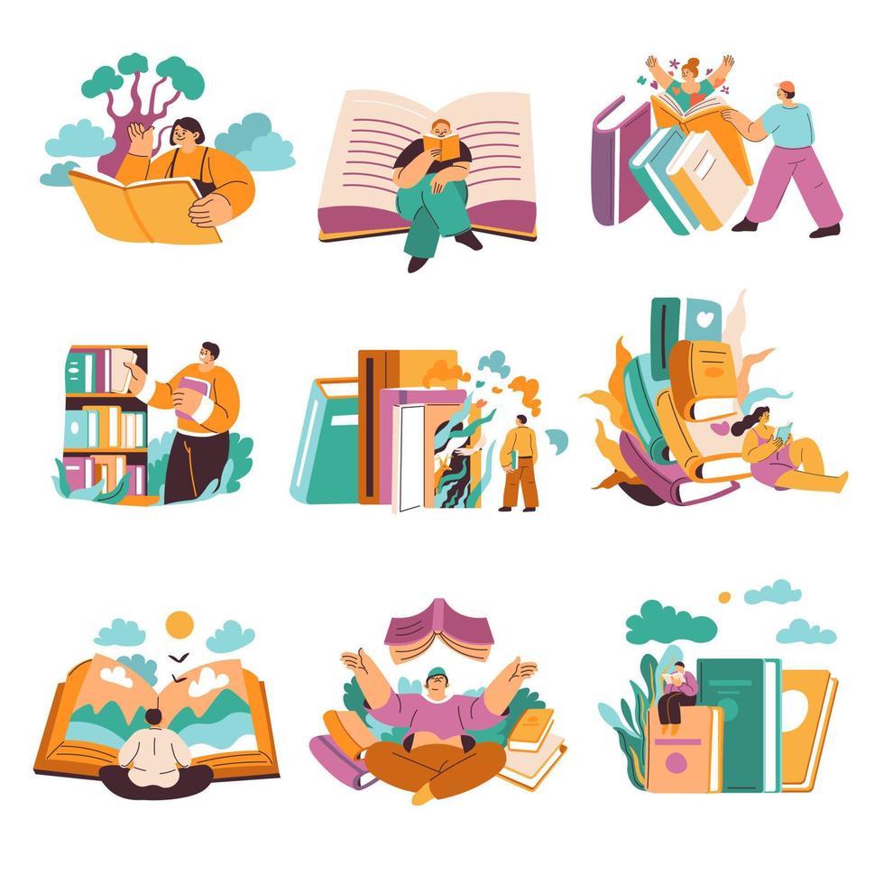 personas leyendo libros, ratones de biblioteca y lectores vector