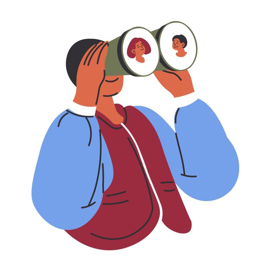 Man looking at people through binoculars vector