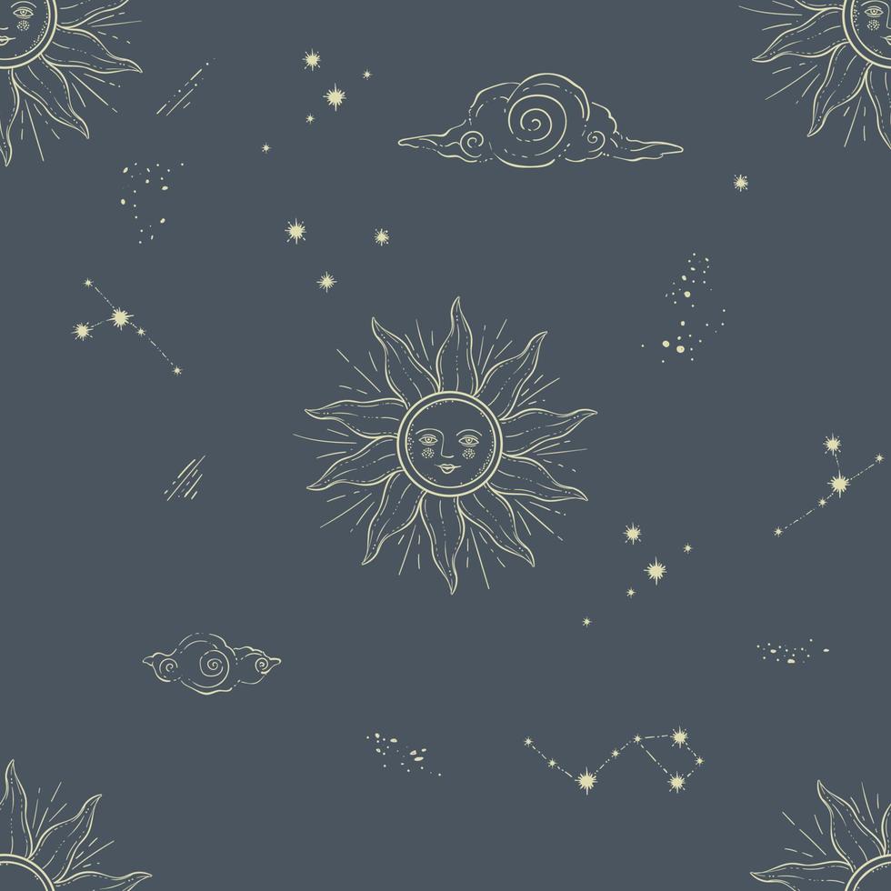 Vintage starry sky design, sun, moon and clouds vector