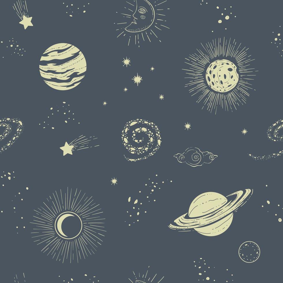 Vintage celestial bodies at sky, planets and stars vector