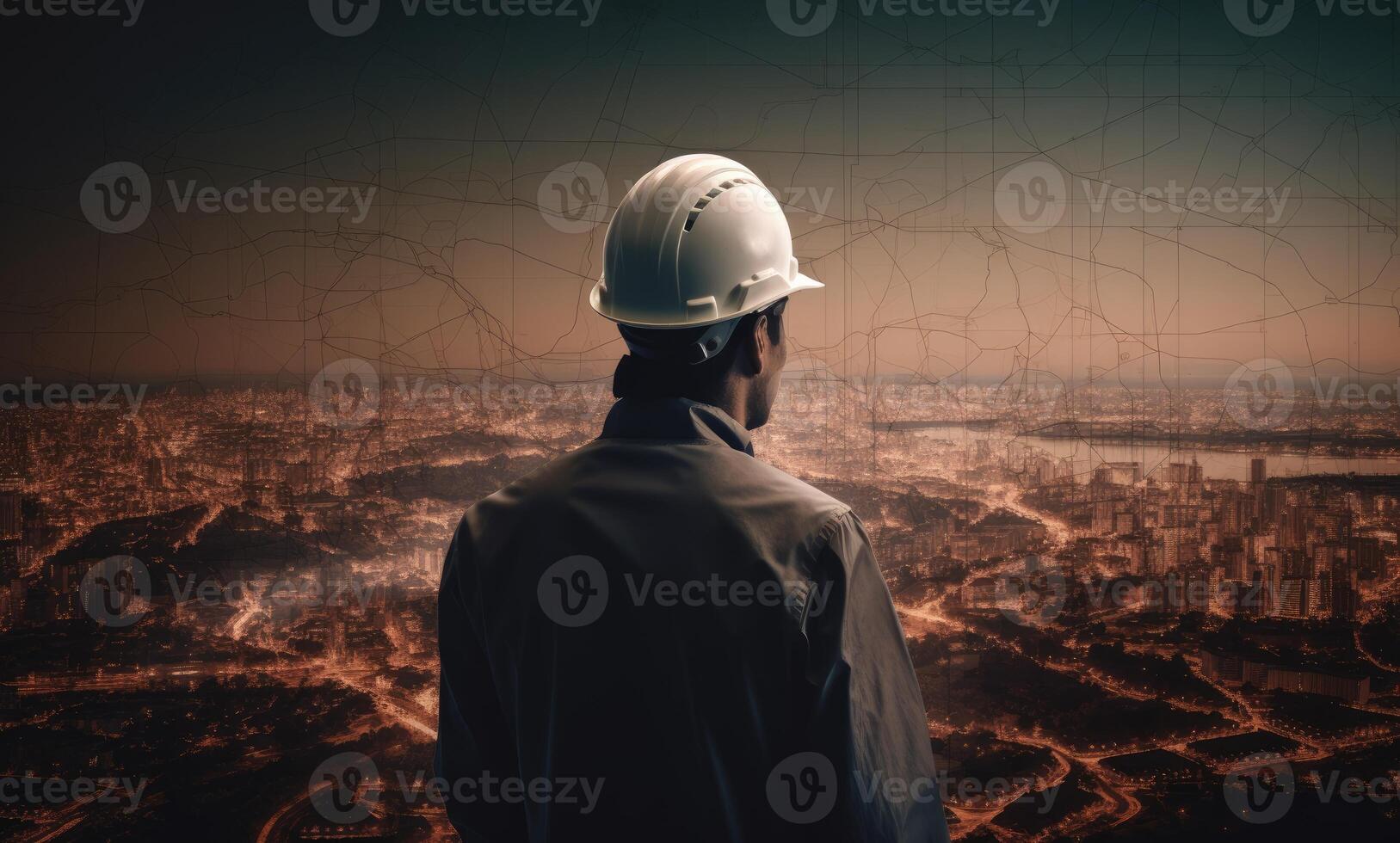 Construction concept. at back of the construction worker head which is wearing the safety helmet and checking work at the construction site. Non-existent person. photo