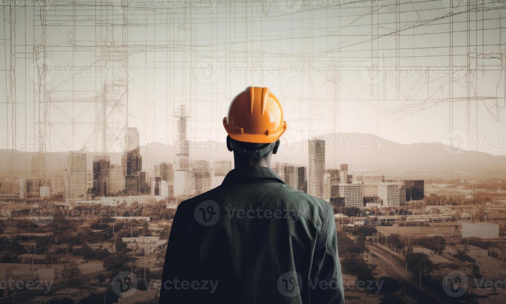 Construction concept. at back of the construction worker head which is wearing the safety helmet and checking work at the construction site. Non-existent person. photo