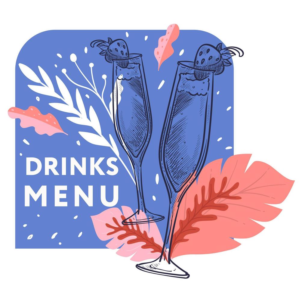 Drinks menu, tasty champagne beverages vector