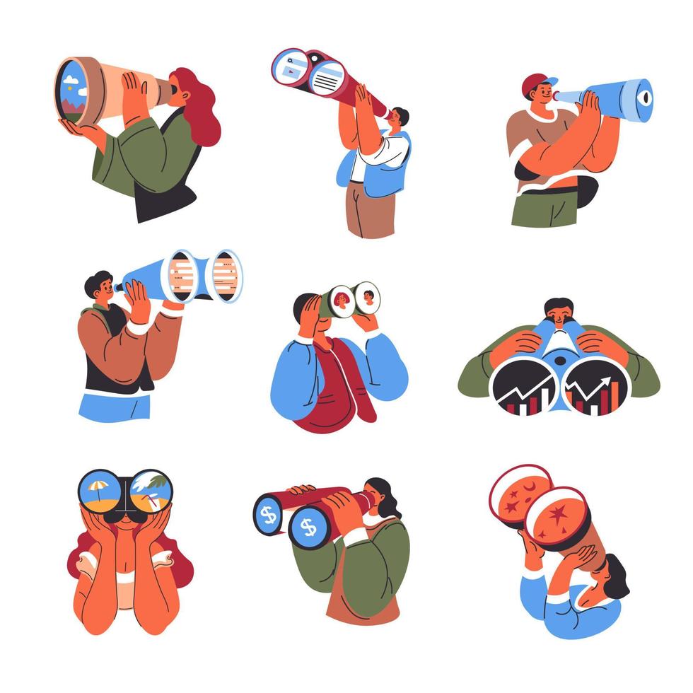 People with binoculars, business tool devices vector