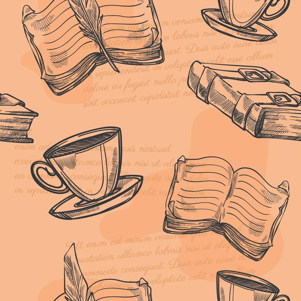 Vintage books and cup of coffee or tea, pattern vector