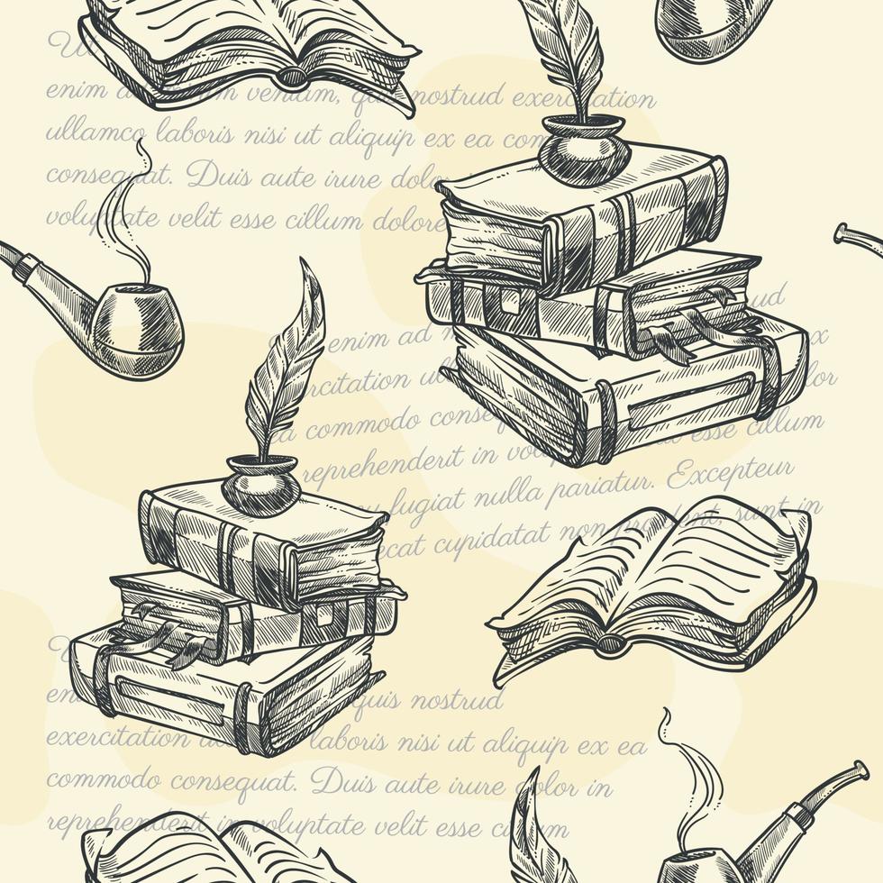 Old books and smoking pipe, seamless pattern print vector