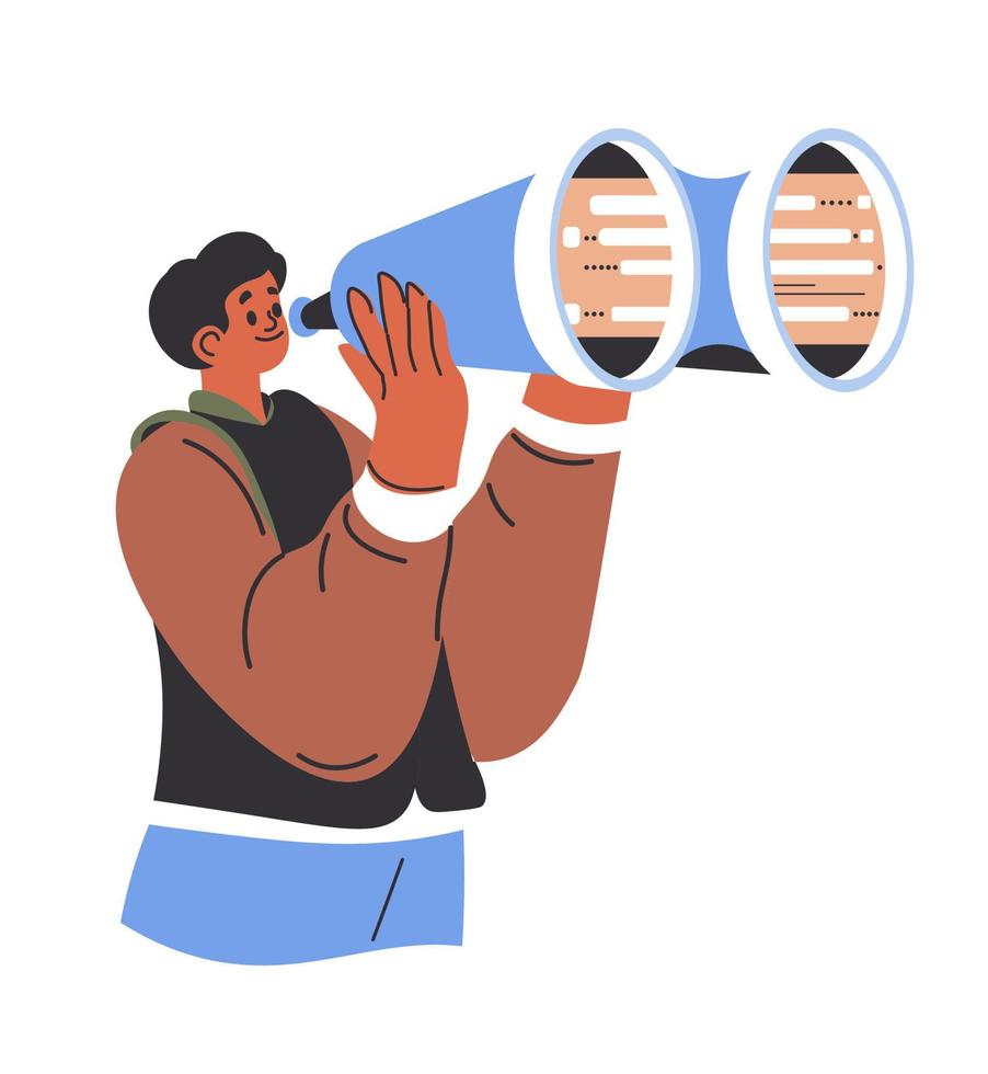 Man looking through binoculars, zoom instrument vector