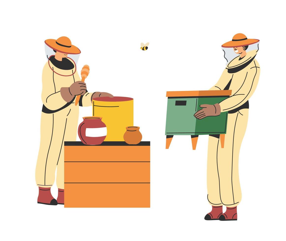 Farmers producing honey, beekeeping hobby vector