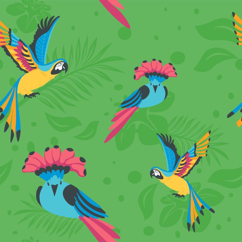 Tropical flora and fauna, parrots and birds print vector