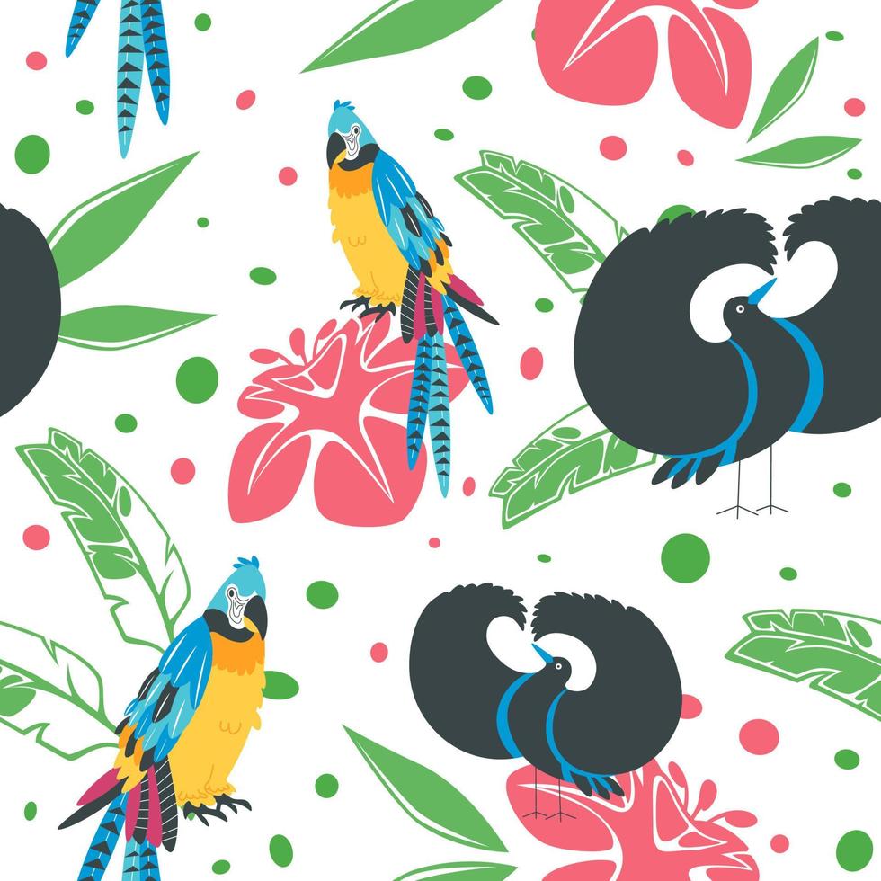 Exotic and tropical birds foliage seamless pattern vector