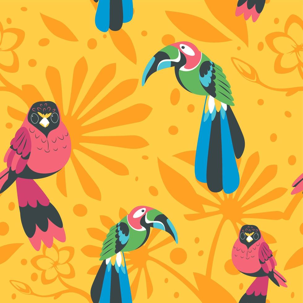 Tropical flower foliage and parrots seamless print vector