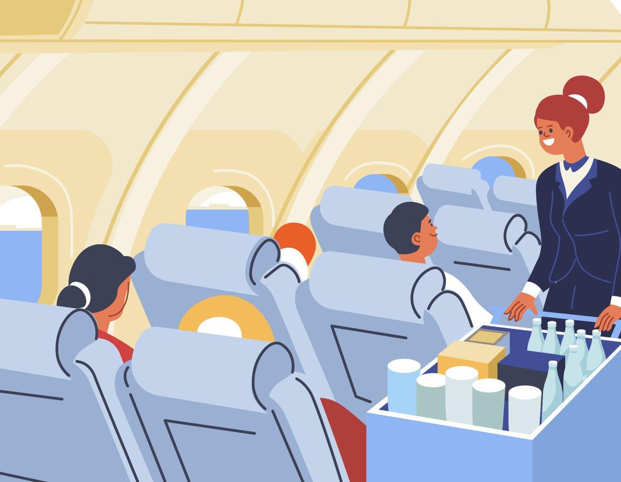 Flight assistant selling goods in plane airplane vector