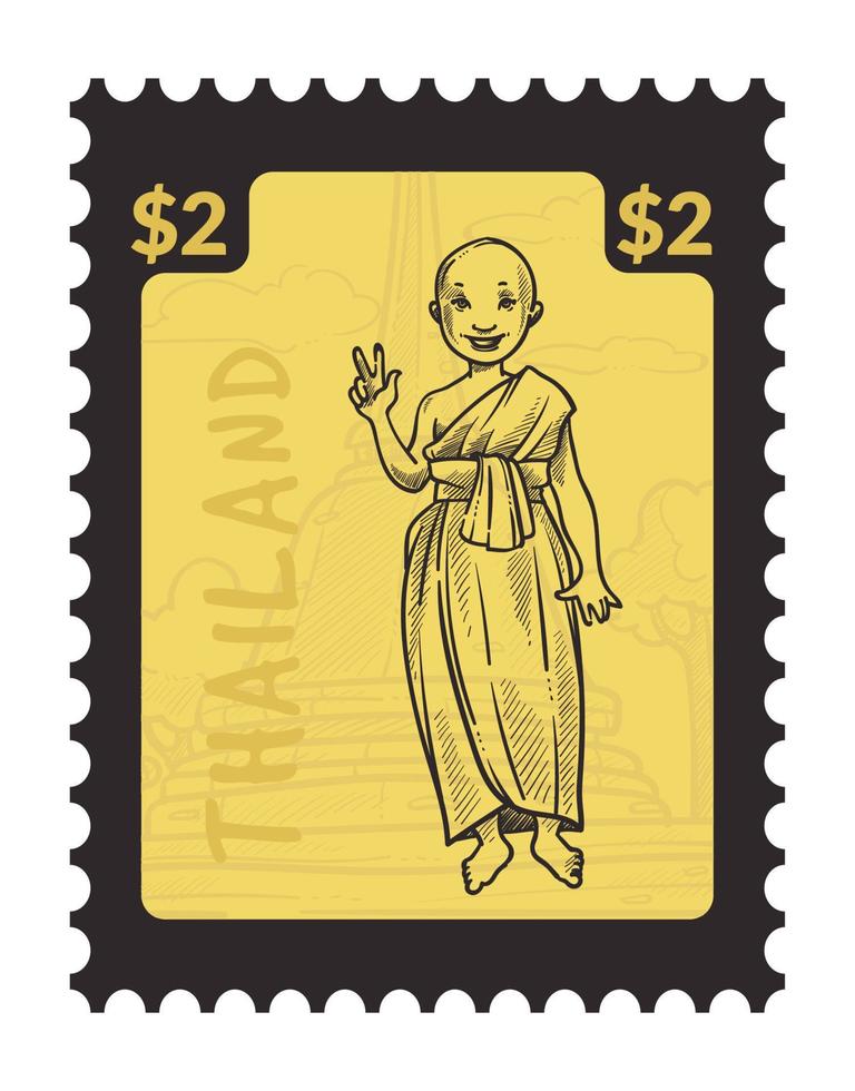 Thailand monk on postcard, postmark design vector