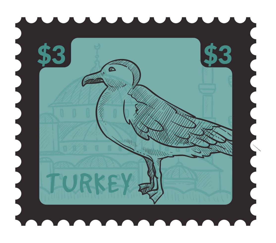 Seagull and Turkish landscape, postcard with price vector