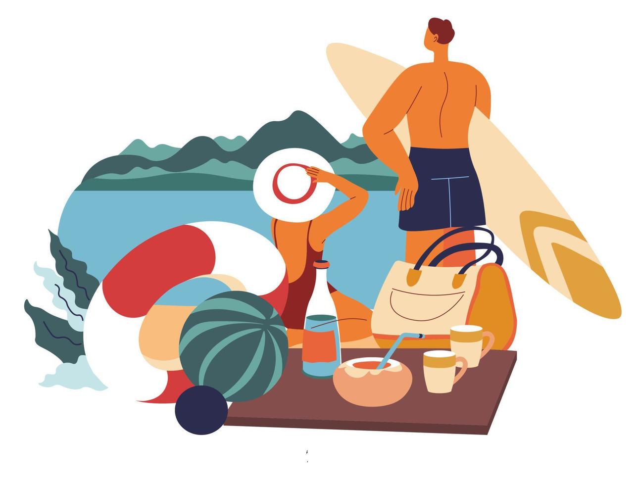 Couple on vacation by sea, seaside landscapes vector