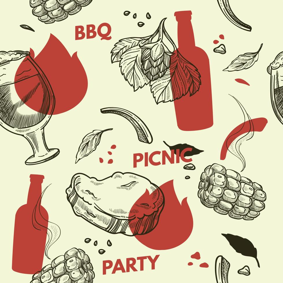 BBQ pinic party with beer and snacks patterns vector