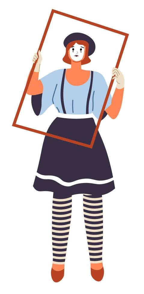 Mime woman with frame, performer or artist vector