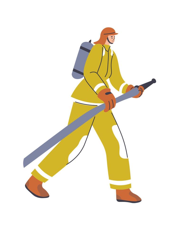 Fireman with hose extinguishing fire and flames vector
