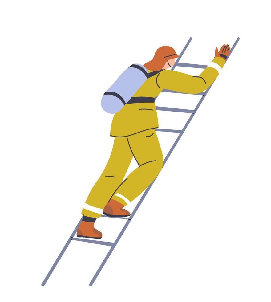 Fireman climbing on ladder, firefighter at work vector