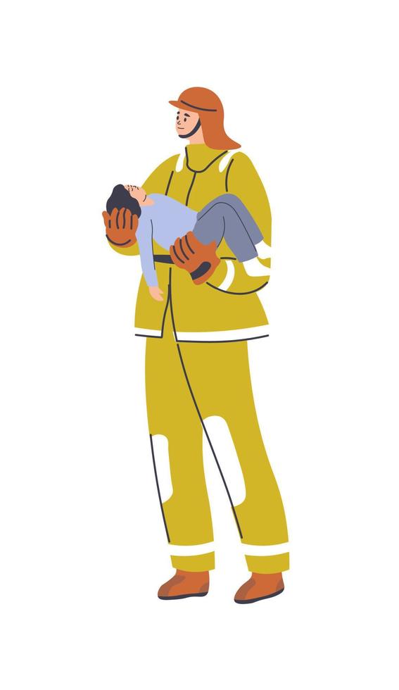 Firefighter with child, fireman saving people vector