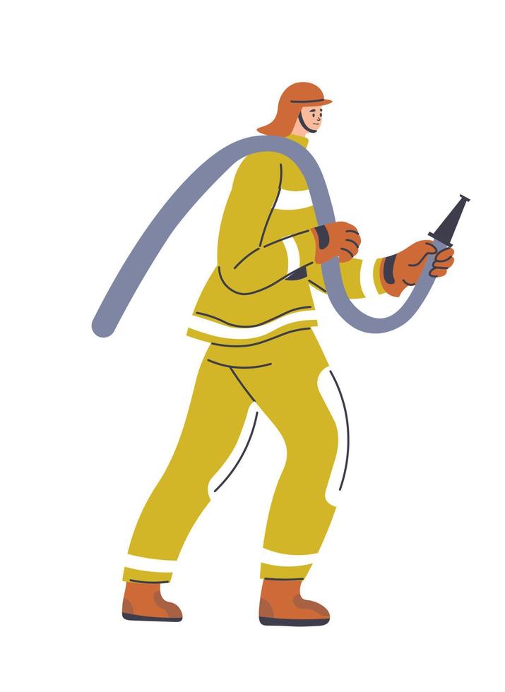 Firefighter man with hose, male in suit vector
