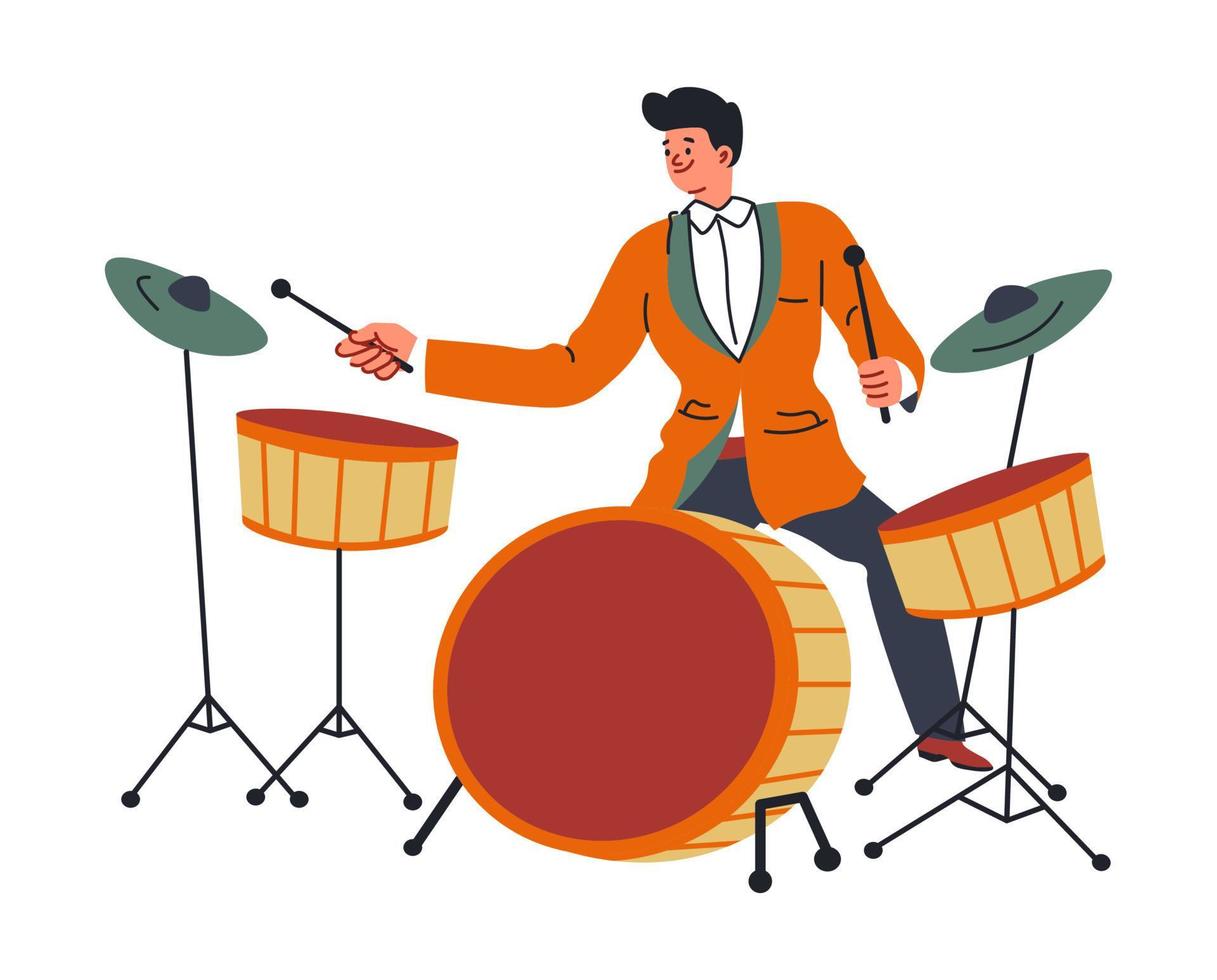 Dummer musician, man playing drums on concert vector