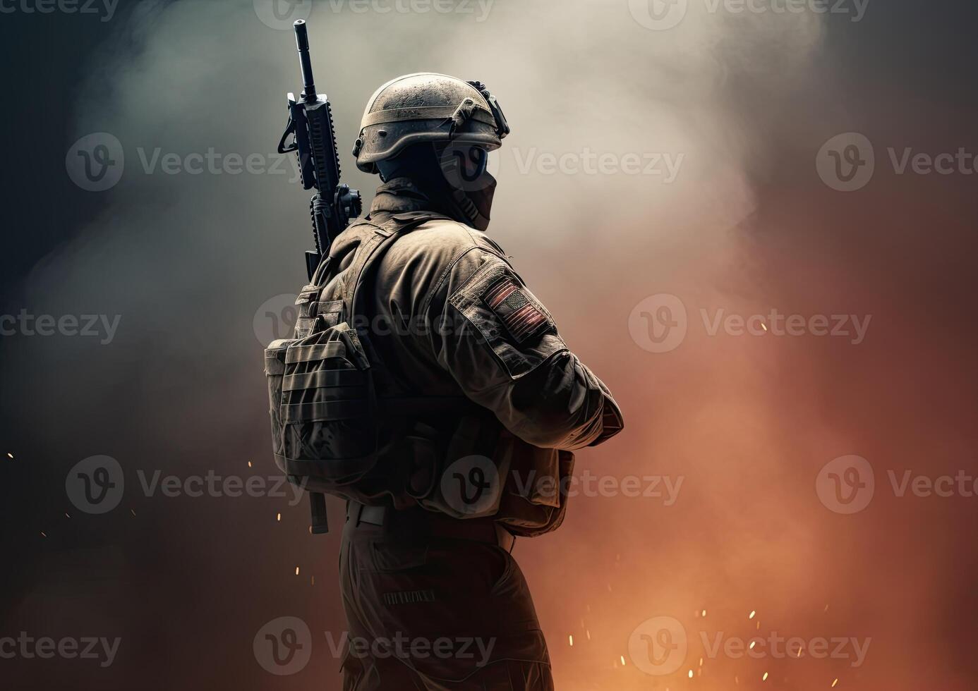 4to de julio concepto retrato de un soldado en frente de un bandera de el EE.UU. el soldado con el pistola en frente de un bandera. retrato soldado en pie en frente de Estados Unidos bandera. inexistente persona. generativo ai foto