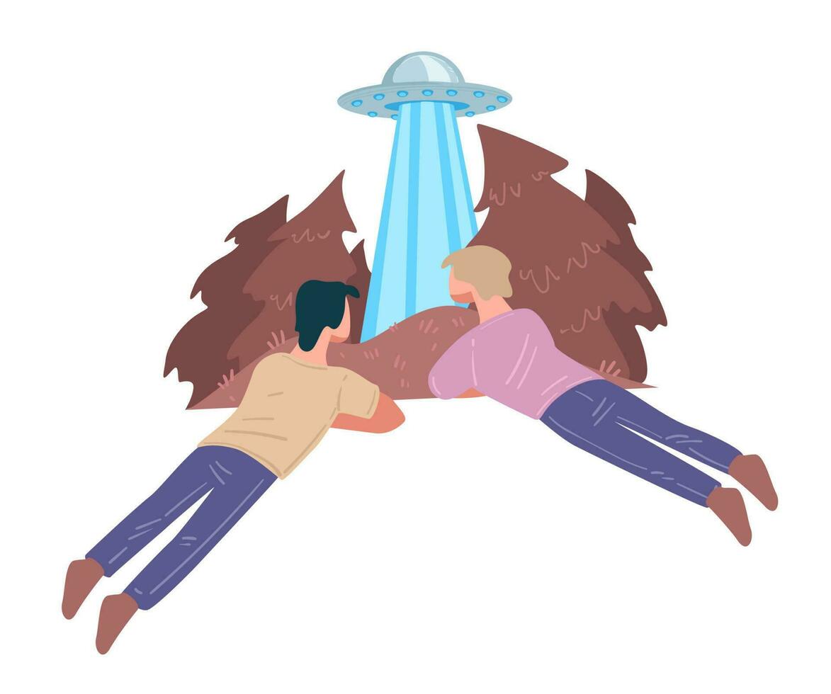 People watching flying saucer aliens in woods vector