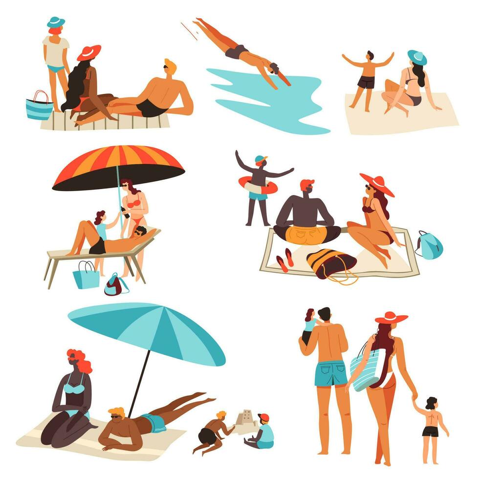 Summer vacation and summertime holidays, people by seaside vector