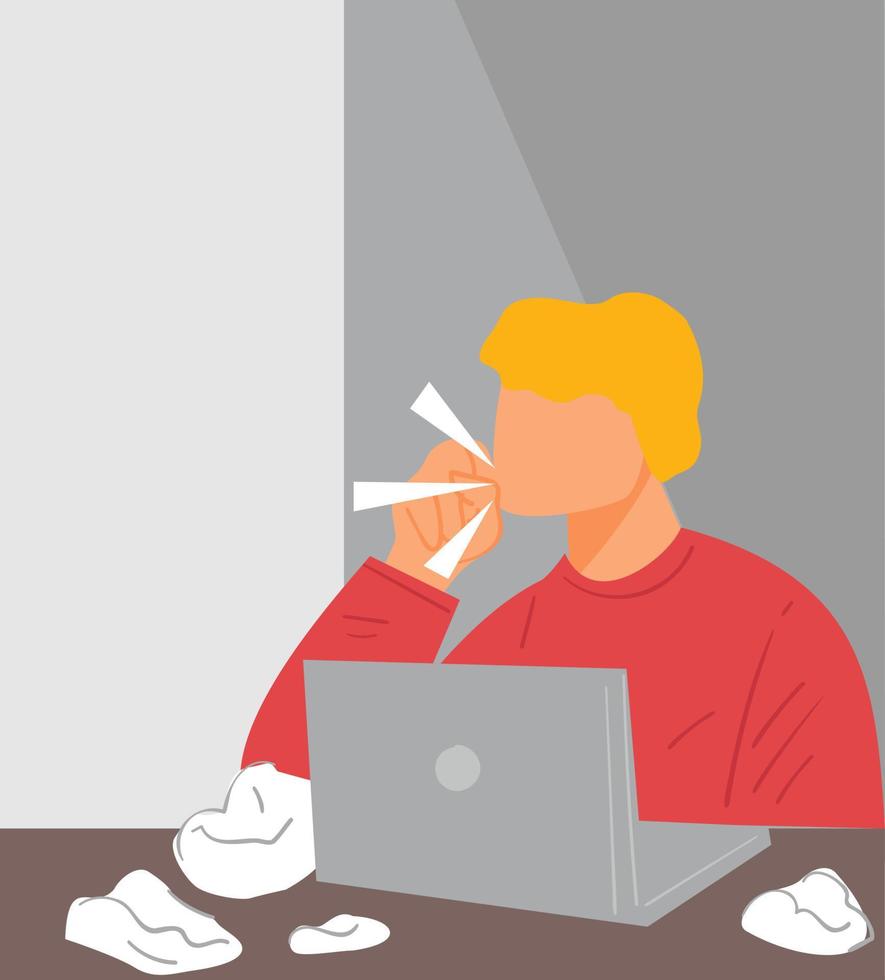 Man working from home or office coughing and sneezing vector
