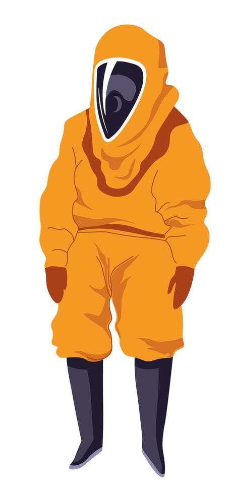 Hazmat suit with shield mask, personage in protective costume vector