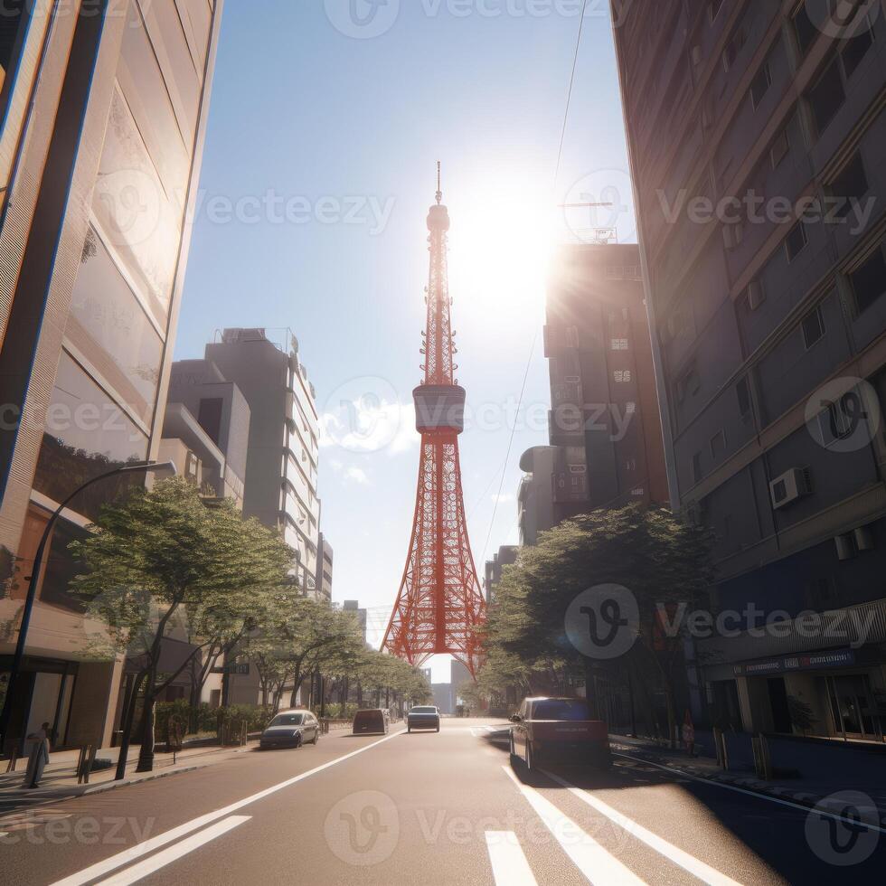 Tokyo Tower in close up view with clear blue sky, famous landmark of Tokyo, Japan. . photo