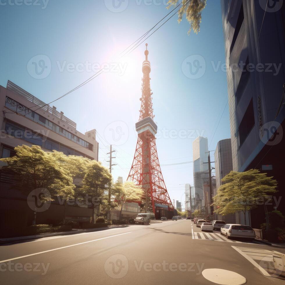 Tokyo Tower in close up view with clear blue sky, famous landmark of Tokyo, Japan. . photo