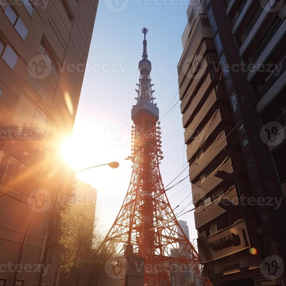 Tokyo Tower in close up view with clear blue sky, famous landmark of Tokyo, Japan. . photo