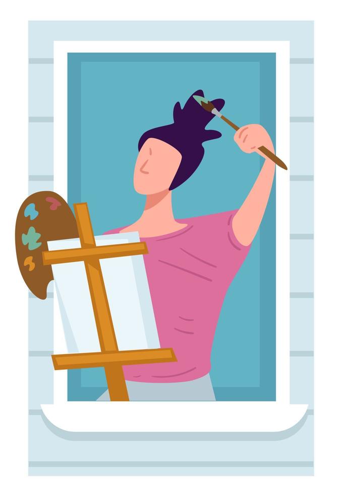 Artist drawing on easel on balcony, quarantine activities vector