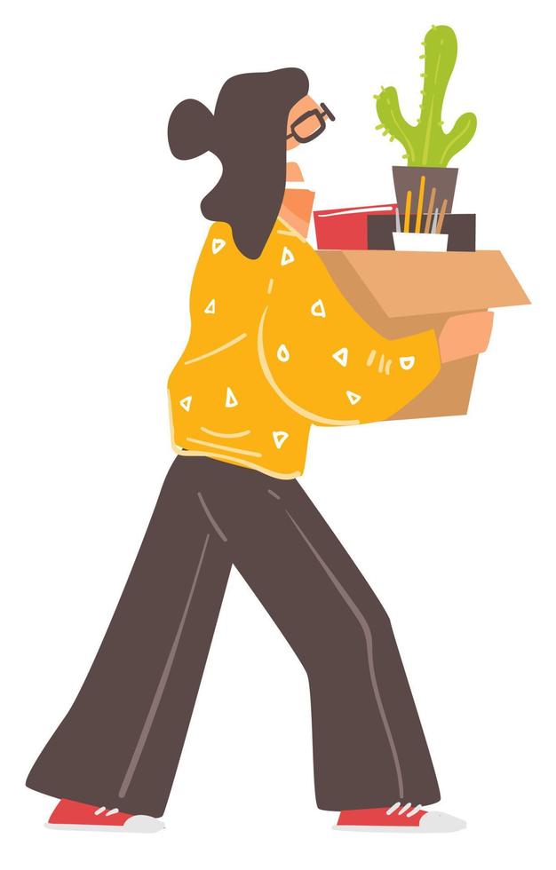 Woman wearing mask carrying box with personal belongings vector