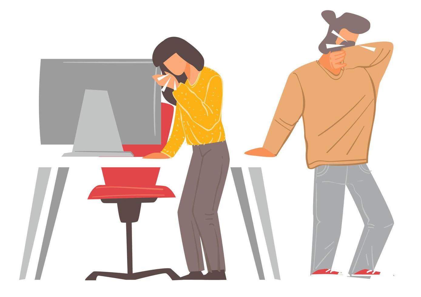 People coughing and sneezing in office, sick employees vector