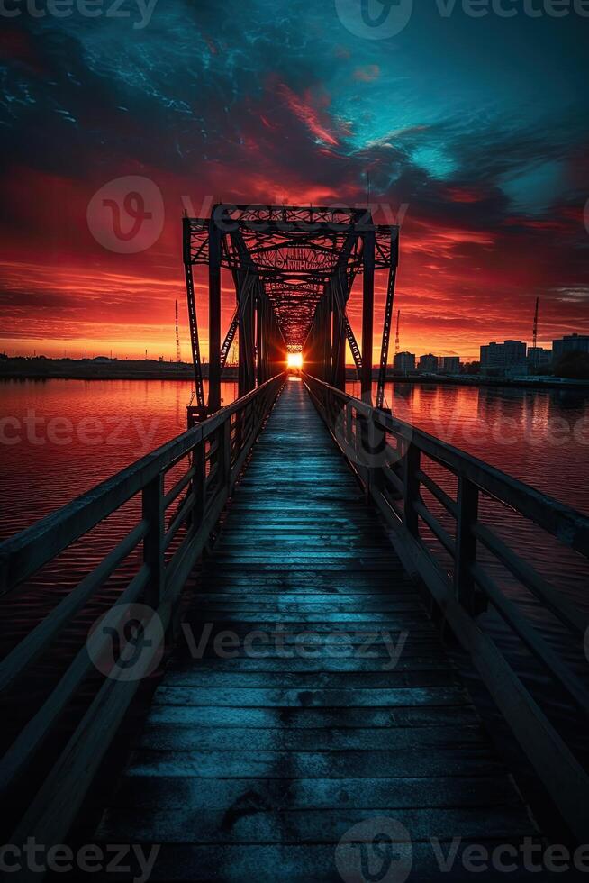 Wooden plank walkway leading to a beautiful sunset on the lake. . photo