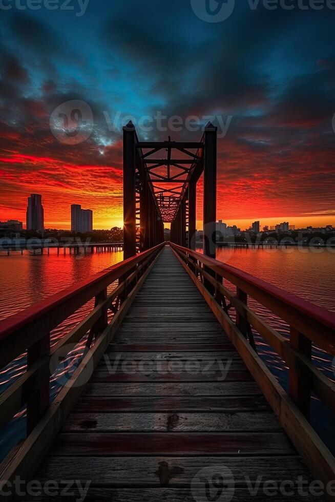 Wooden plank walkway leading to a beautiful sunset on the lake. . photo