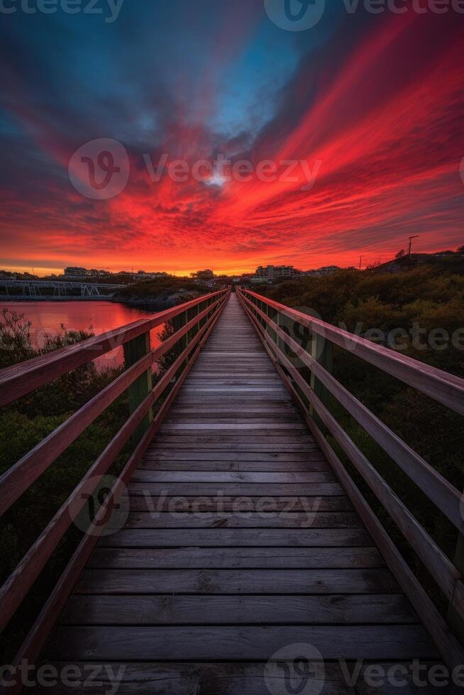 Wooden plank walkway leading to a beautiful sunset on the lake. . photo