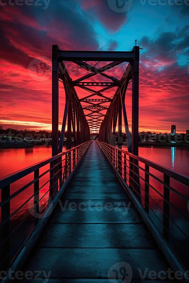 Wooden plank walkway leading to a beautiful sunset on the lake. . photo