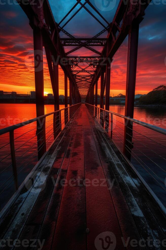 Wooden plank walkway leading to a beautiful sunset on the lake. . photo